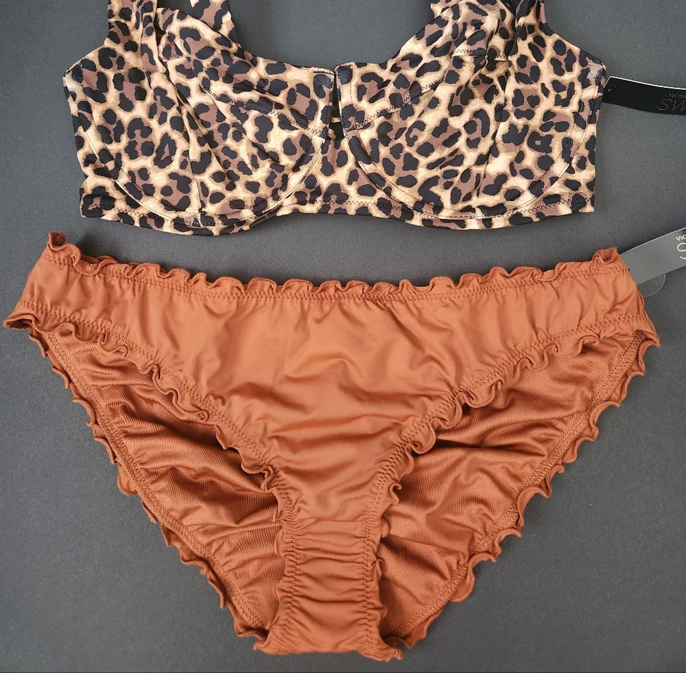 36DD/XL VS Swim Full Coverage Bikini Top Ruffle Cheeky Bikini Set Leopard